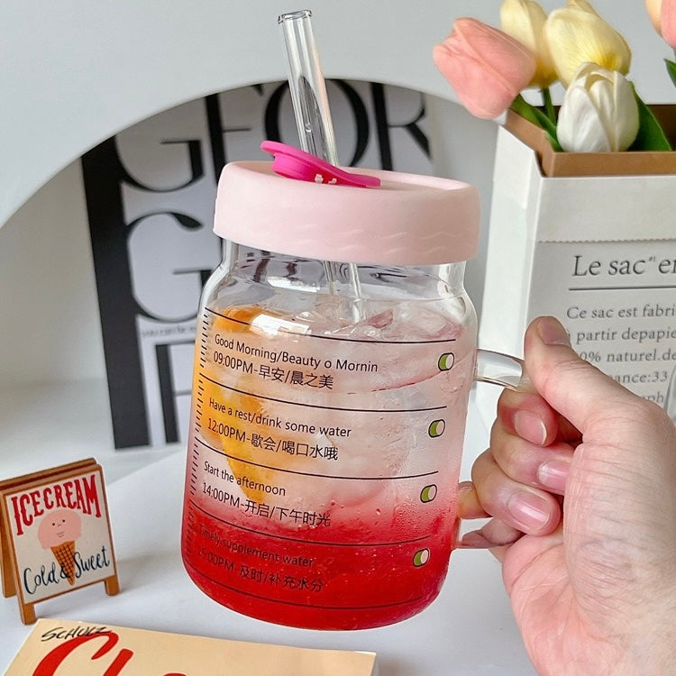 Time-Marked Glass Cup with Lid and Straw | 800ML Capacity, Large-Capacity Drinkware