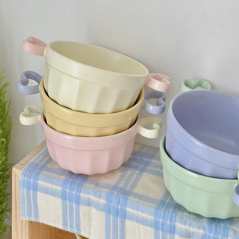 Macaron Color Double-Handle Yogurt Bowl - Cute Heart-Shaped Design