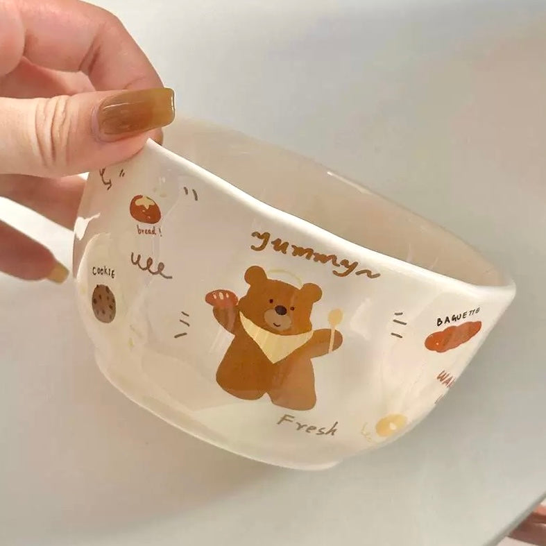 Cute Cartoon Ceramic Cereal Bowl – Apple Dog, Cookie Dog, Bread Bear | Microwave & Dishwasher Safe