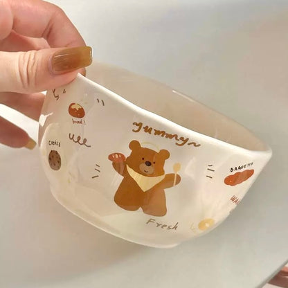 Cute Cartoon Ceramic Cereal Bowl – Apple Dog, Cookie Dog, Bread Bear | Microwave & Dishwasher Safe