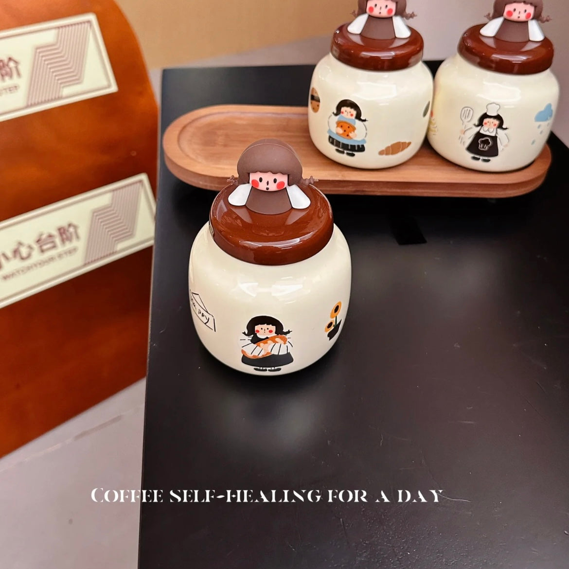 Little Chef Spice Jar Gift Set | Ceramic Condiment Containers with Wooden Tray