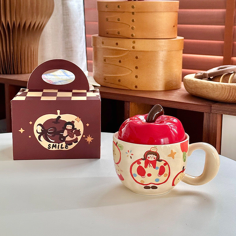 Apple-Themed Ceramic Mugs with Red & Green Lids – Gift-Ready Packaging, 420ML Capacity