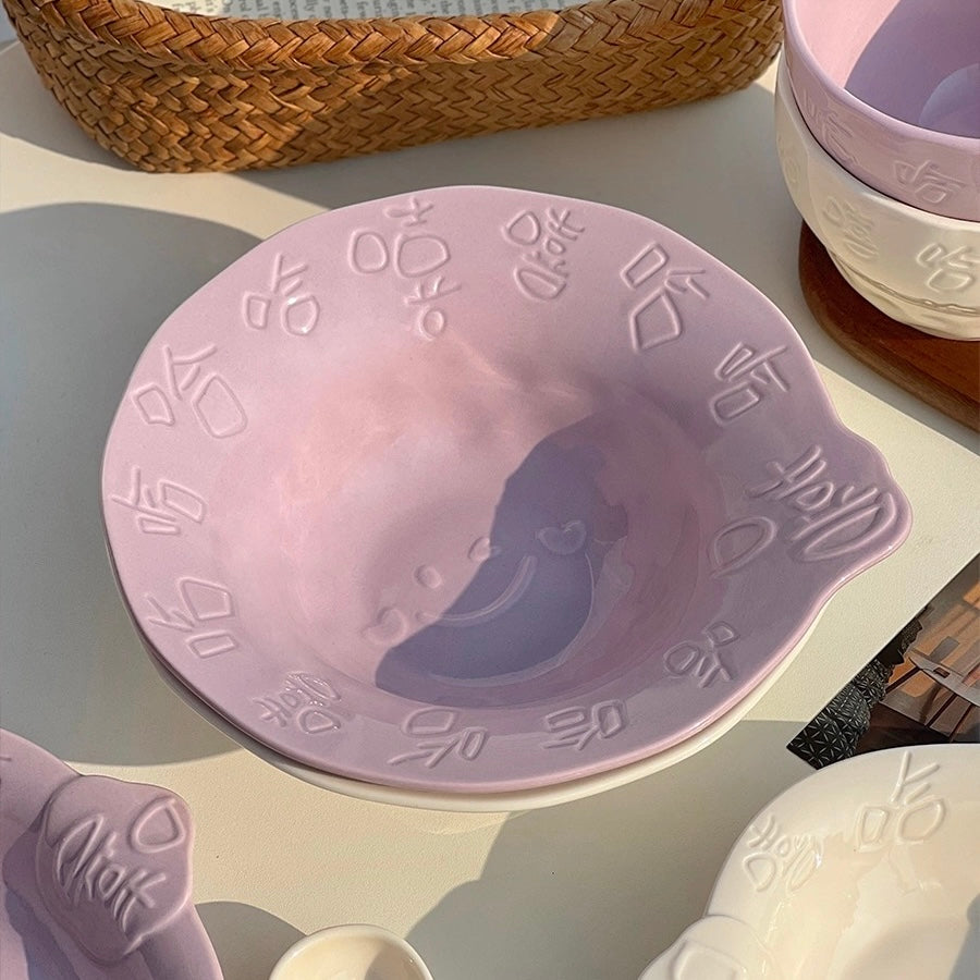 Playful Ceramic Plate with “Xixi Haha” Design | Deep Dish for Soups and Salads