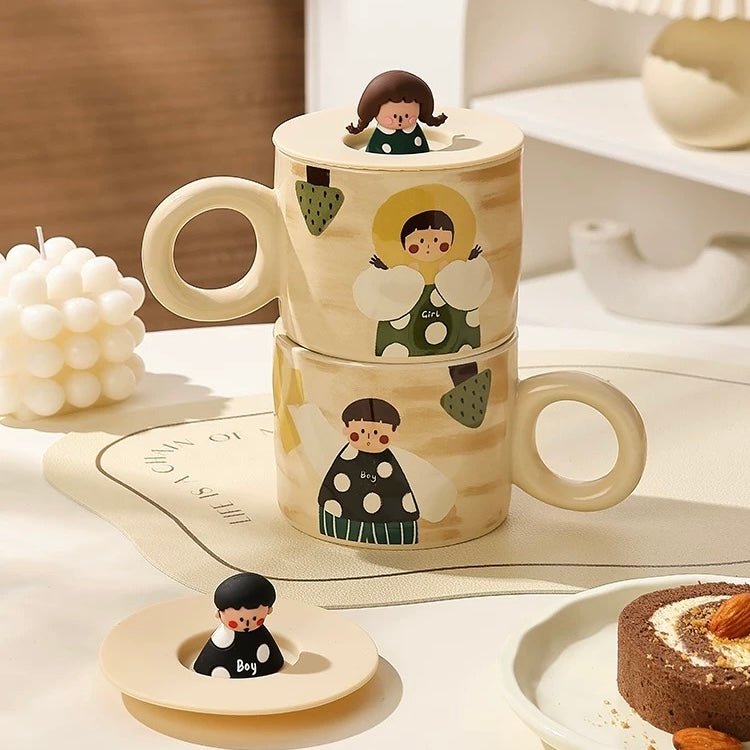 Hand-Painted Couples Ceramic Mug - Boy and Girl | Perfect Gift Choice, 400ML Capacity - Wuli Home