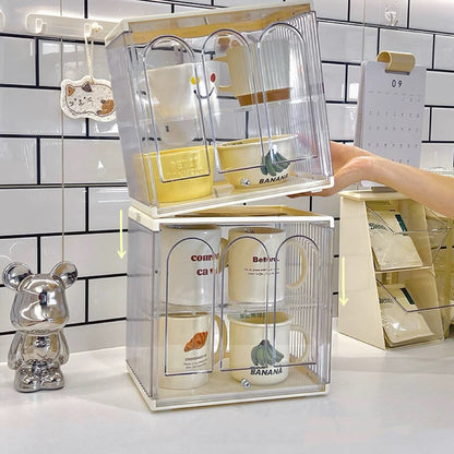 Stackable Double-Layer Cup Storage Rack - Dustproof & Space-Saving Cream Design