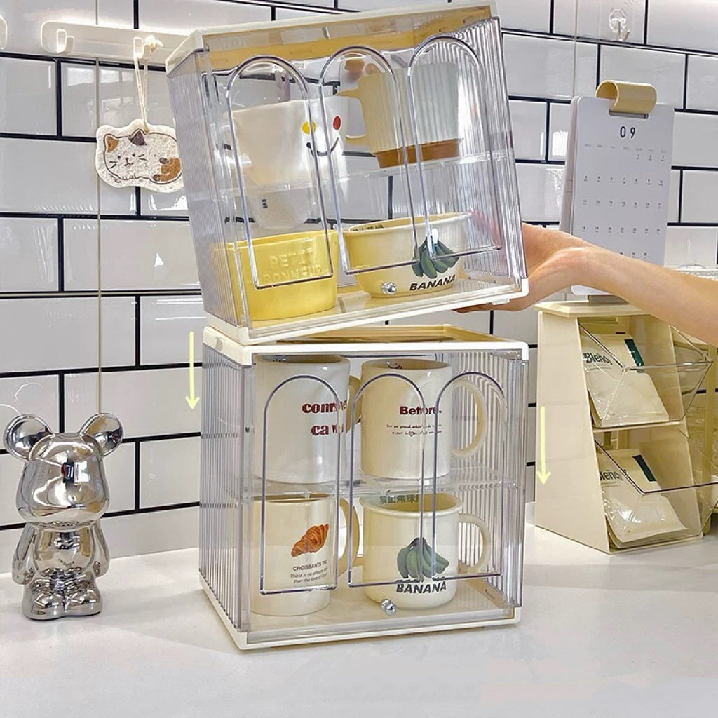Stackable Double-Layer Cup Storage Rack - Dustproof & Space-Saving Cream Design