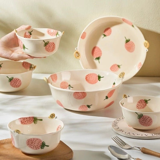 Strawberry & Snail Series Ceramic Dinnerware Set - Adorable Design with Strawberry Patterns - Wuli Home