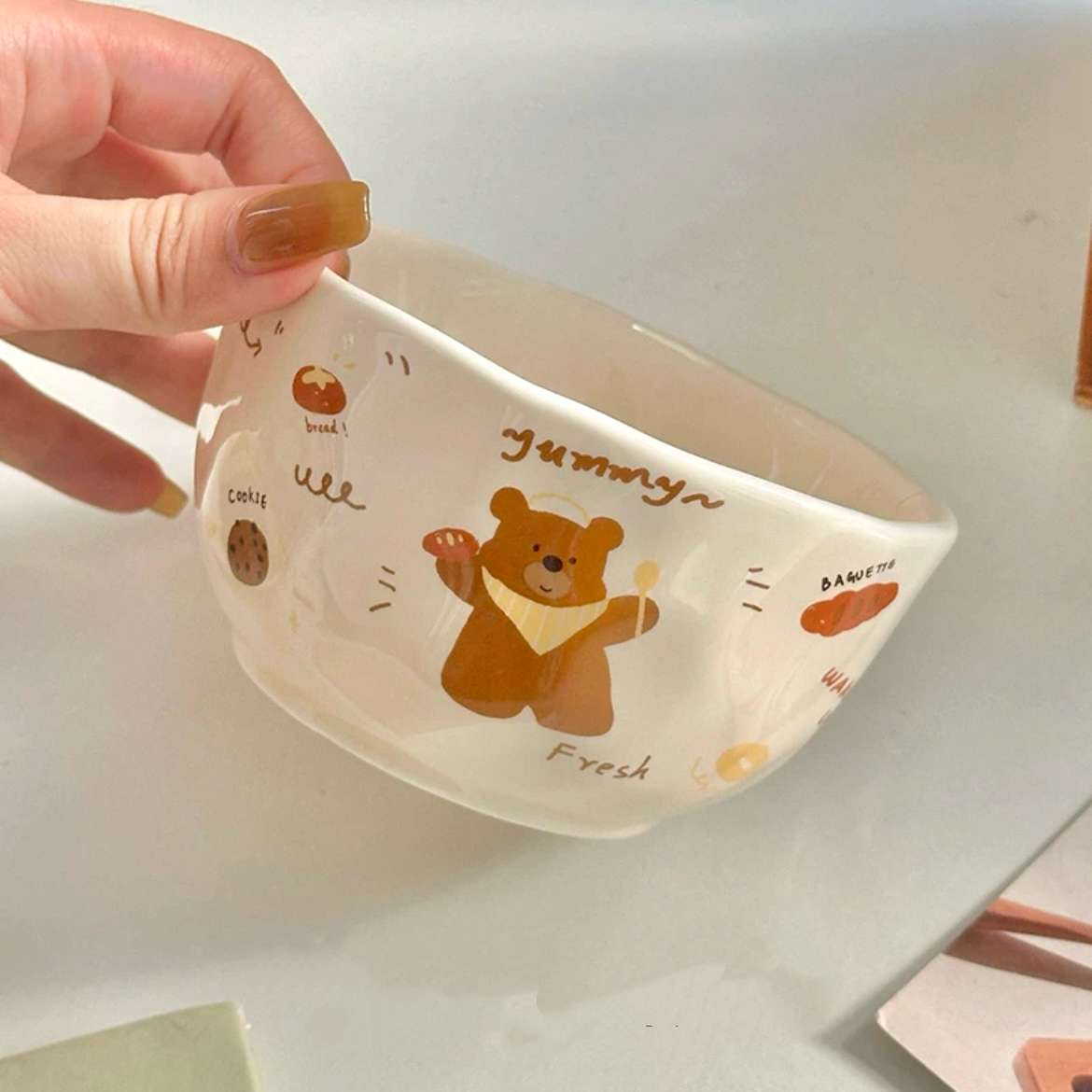 Cute Cartoon Ceramic Cereal Bowl – Apple Dog, Cookie Dog, Bread Bear | Microwave & Dishwasher Safe